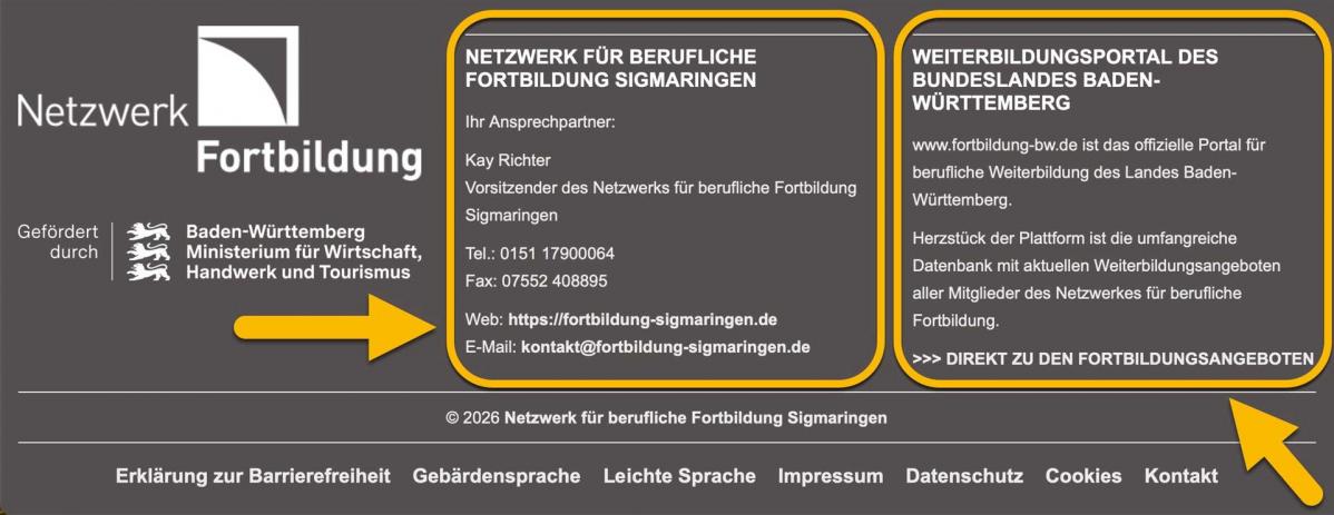 Bildschirmfoto von der Fuß-Zeile auf der Startseite. Die Kontakt-Daten in der Fuß-Zeile sind mit einem orangenen Rahmen markiert. Ein Pfeil zeigt darauf.