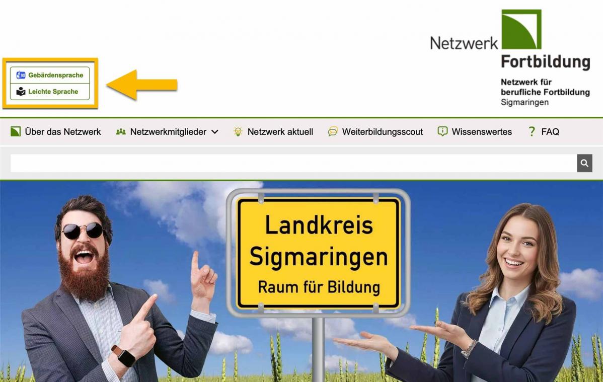 Bildschirmfoto von der Startseite. Das Feld mit Gebärden-Sprache und Leichter Sprache ist mit einem orangenen Rahmen markiert. Ein Pfeil zeigt darauf.