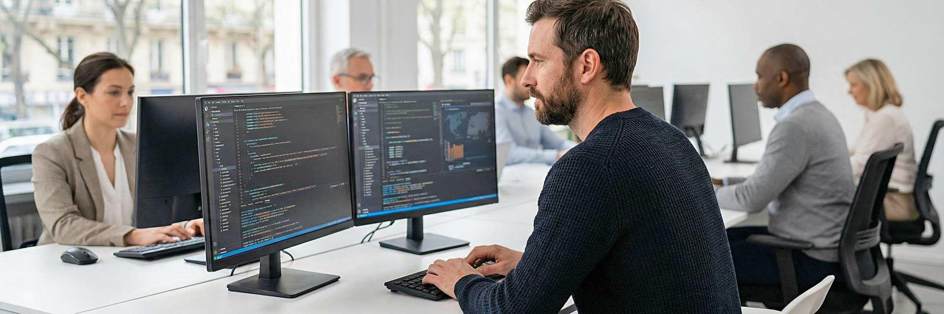 Mann am Doppelmonitor in modernem Büro – neue digitale Berufe durch Digitalisierung