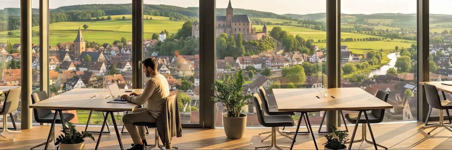 Bild zeigt eine Person in modernem Büro mit Blick auf ländliche Region