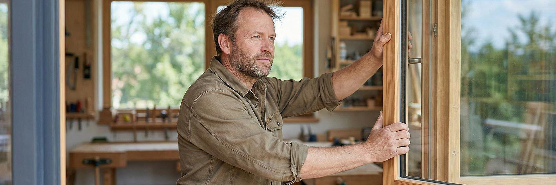 Handwerker öffnet Werkstattfenster im Frühling