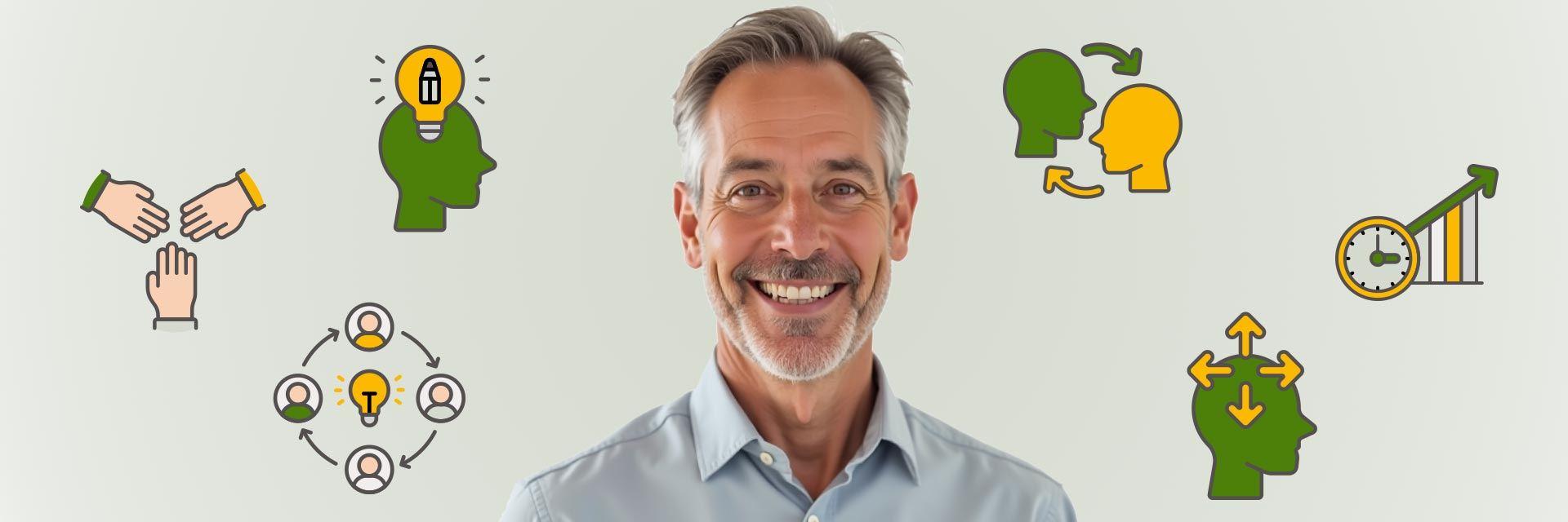 Bild zeigt einen freundlichen Mann mittleren Alters umgeben von Soft Skills Symbolen
